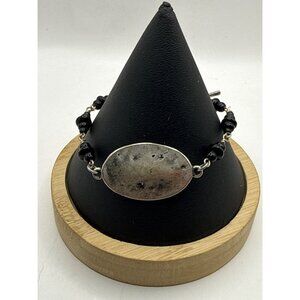 Dendritic Opal Silver Bracelet Black Onyx Beads Boho Minimalist Oval